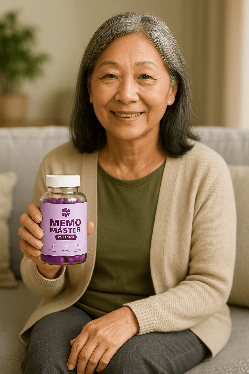 Illustrative person smiling with a bottle