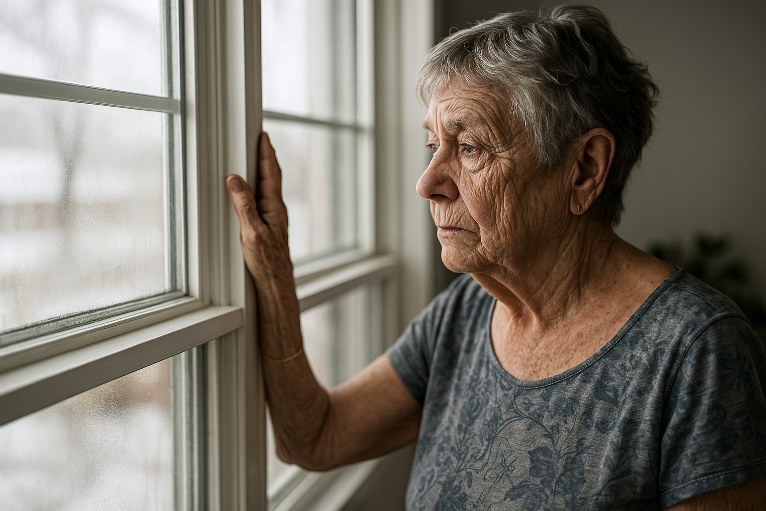 Senior woman looking through window